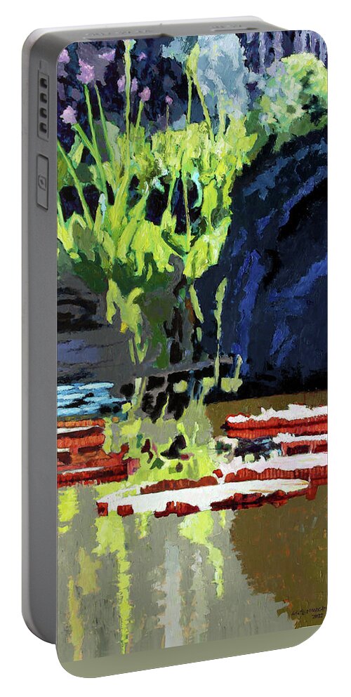 Garden Pond Portable Battery Charger featuring the painting Color Patterns on Lily Pond by John Lautermilch