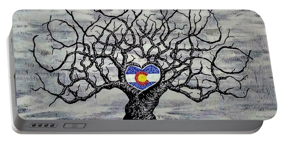 Colorado Portable Battery Charger featuring the drawing Colorado b/w with Flag by Aaron Bombalicki