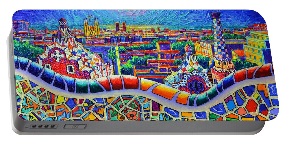 Barcelona Portable Battery Charger featuring the painting COLORFUL BARCELONA PARK GUELL MAGIC NIGHT BY MOON palette knife oil painting by Ana Maria Edulescu by Ana Maria Edulescu