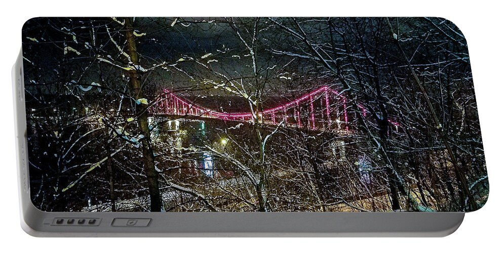 Colorful Bridge Kyiv Ukraine Red Snow Winter Portable Battery Charger featuring the photograph Colorful Bridge in Kyiv, Ukraine by David Morehead