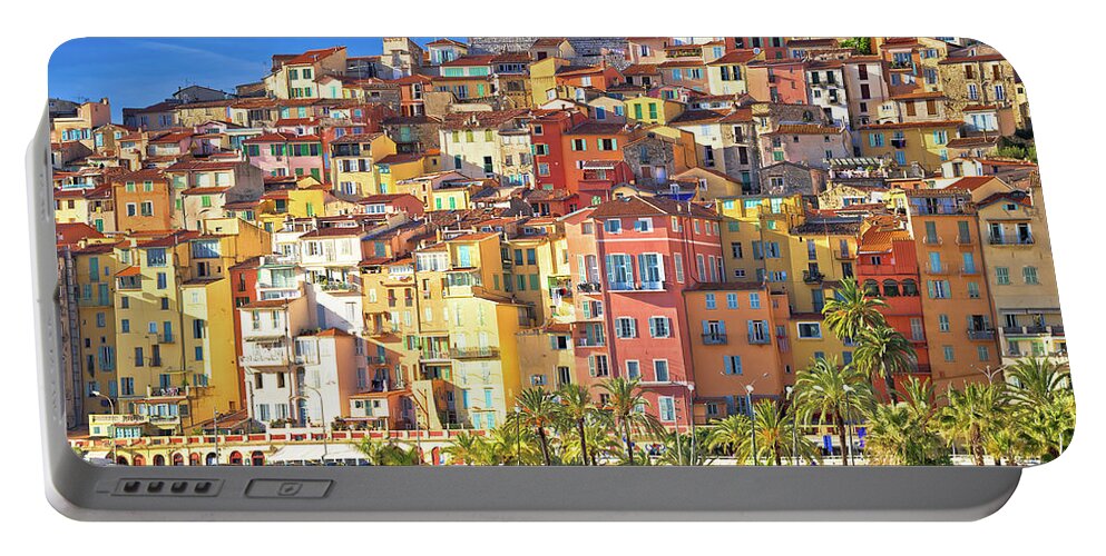 Menton Portable Battery Charger featuring the photograph Colorful facades of Cote d Azur town of Menton beach and archite by Brch Photography