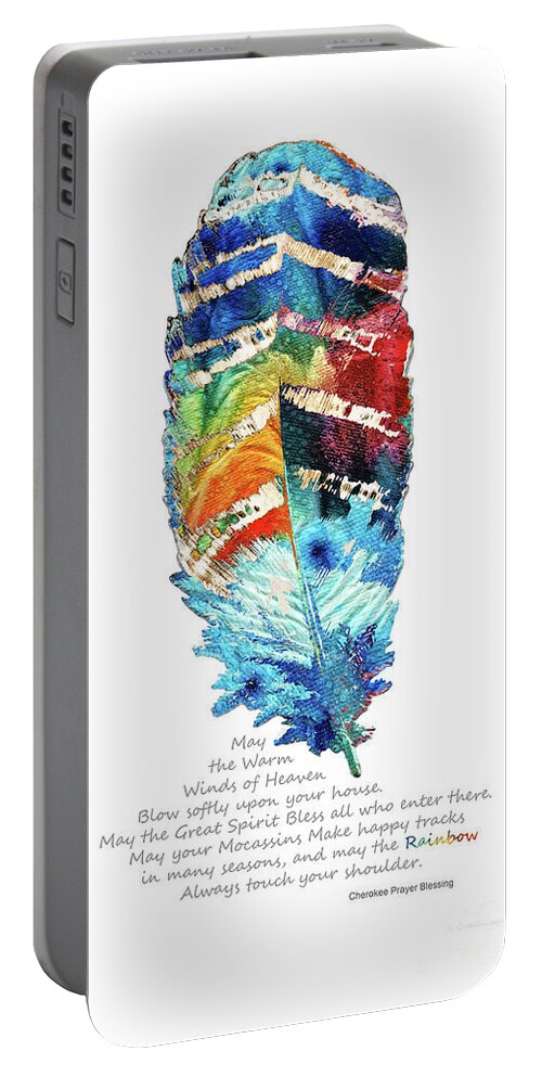 Feather Portable Battery Charger featuring the painting Colorful Feather Art - Cherokee Blessing - By Sharon Cummings by Sharon Cummings