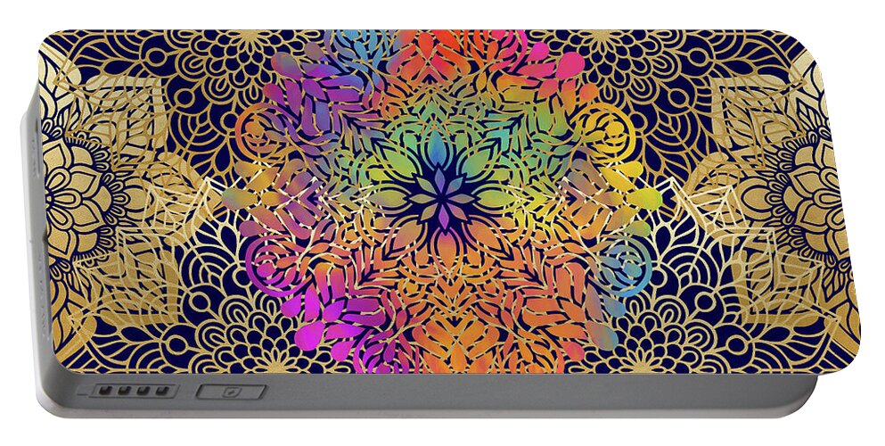 Mandala Portable Battery Charger featuring the digital art Colorful Gold Mandala Pattern in Black Background by Sambel Pedes