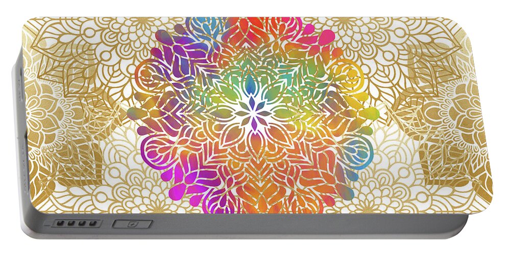 Mandala Portable Battery Charger featuring the digital art Colorful Gold Mandala Pattern by Sambel Pedes