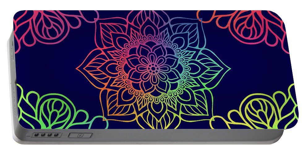 Mandala Portable Battery Charger featuring the digital art Colorful Mandala Pattern In Blue Background by Sambel Pedes