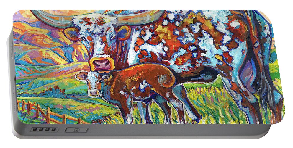Cow Portable Battery Charger featuring the painting Colorful momma by Jenn Cunningham