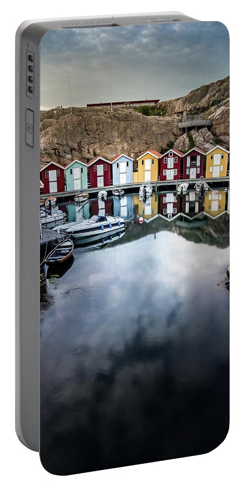 Smogen Portable Battery Charger featuring the photograph Colorful Old Fishing Huts on the Smogen Boardwalk by Nicklas Gustafsson
