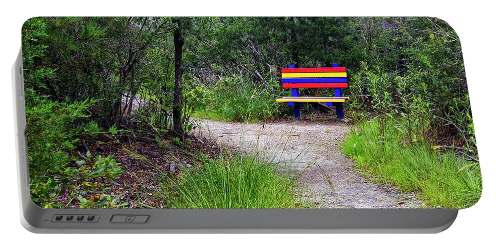Park Bench Portable Battery Charger featuring the photograph Colorful Park Bench on the Tideland Trail by Bob Decker