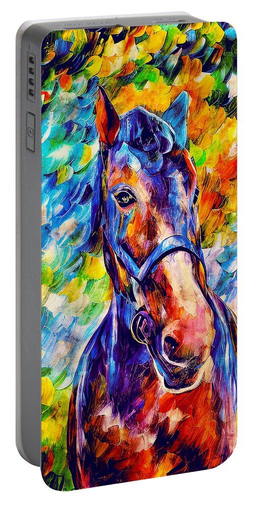 Friendly Horse Portable Battery Charger featuring the digital art Colorful portrait of a friendly horse - digital painting by Nicko Prints