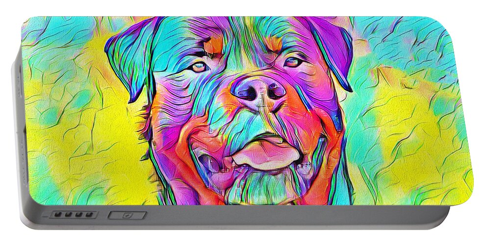 Rottweiler Dog Portable Battery Charger featuring the digital art Colorful Rottweiler dog portrait - digital painting by Nicko Prints