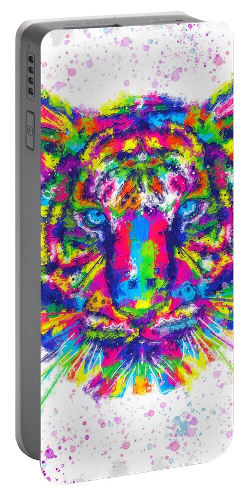 Colorful Tiger Painting Portable Battery Charger featuring the painting Colorful tiger face by Alexandra Arts