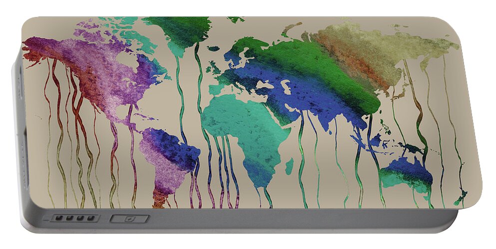 World Map Portable Battery Charger featuring the painting Colors On Beige Watercolor World Map Silhouette by Irina Sztukowski