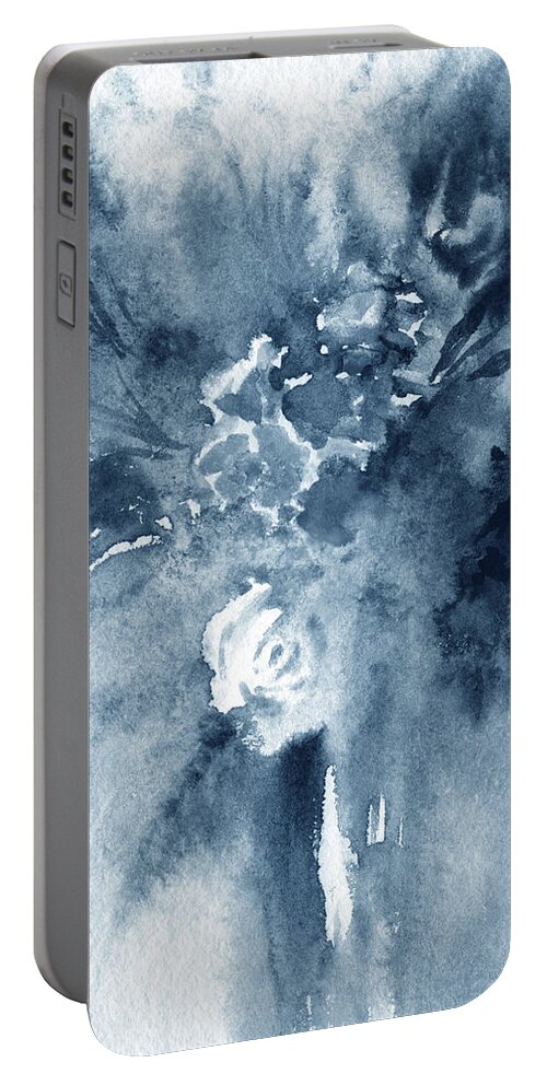 Abstract Flowers Portable Battery Charger featuring the painting Cool Monochrome Palette Abstract Flowers Watercolor Floral Splash III by Irina Sztukowski