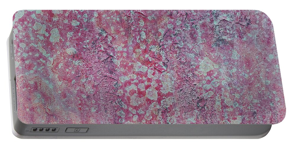 Pink Portable Battery Charger featuring the painting CORAL BELLS Flowers Abstract in Pink Purple Aqua Blue by Lynnie Lang