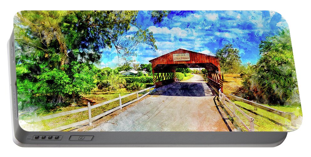 Coral Springs Covered Bridge Portable Battery Charger featuring the digital art Coral Springs Covered Bridge - watercolor ink painting by Nicko Prints