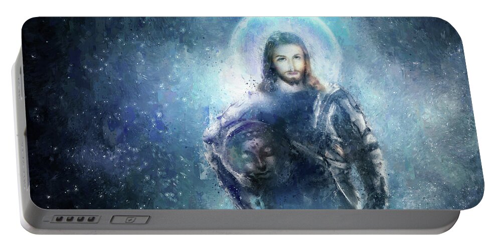 Cosmic Buddha Portable Battery Charger featuring the painting Spaceman - original artwork by Vart by Vart