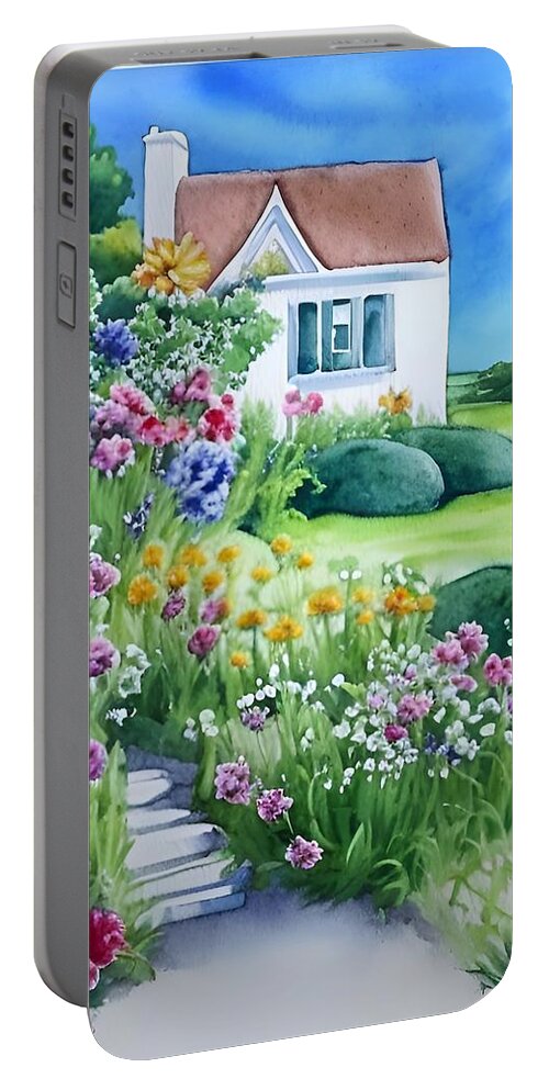 Garden Portable Battery Charger featuring the mixed media Cottage Flowers by Bonnie Bruno