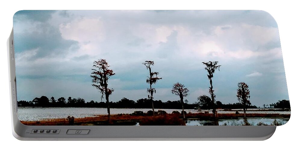 # Stormy #skies #rainy #season #cottonfield #treeline #reflections #summer #southgeorgia #snowwhite Portable Battery Charger featuring the photograph Cotton Field Stormy South Georgia by Belinda Lee