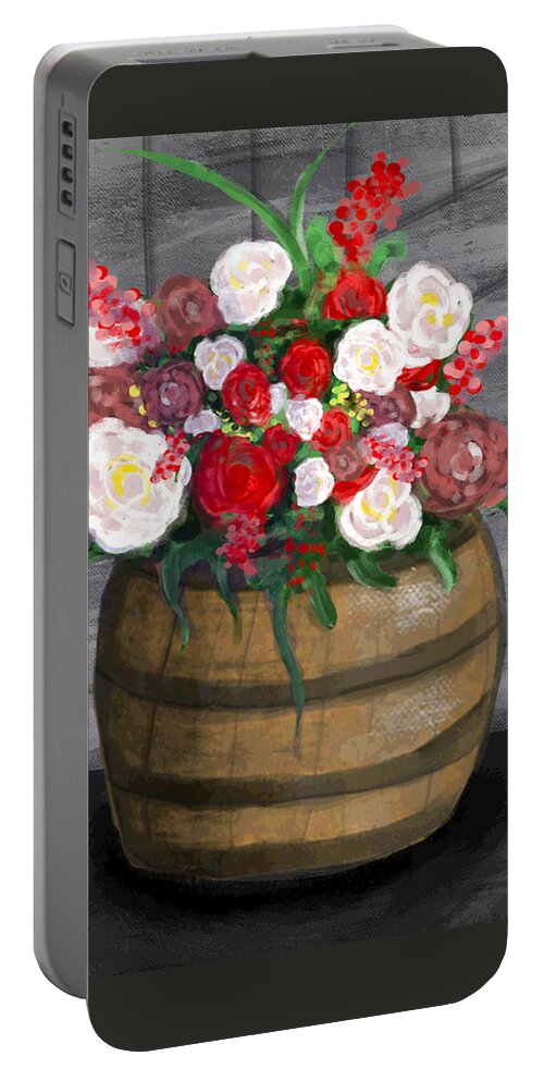 Country Portable Battery Charger featuring the digital art Country Flowers Barrel by Rose Lewis