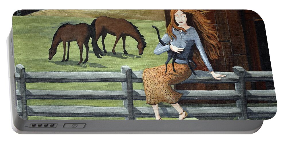 Country Portable Battery Charger featuring the painting Country Girl farm horse cat by Debbie Criswell