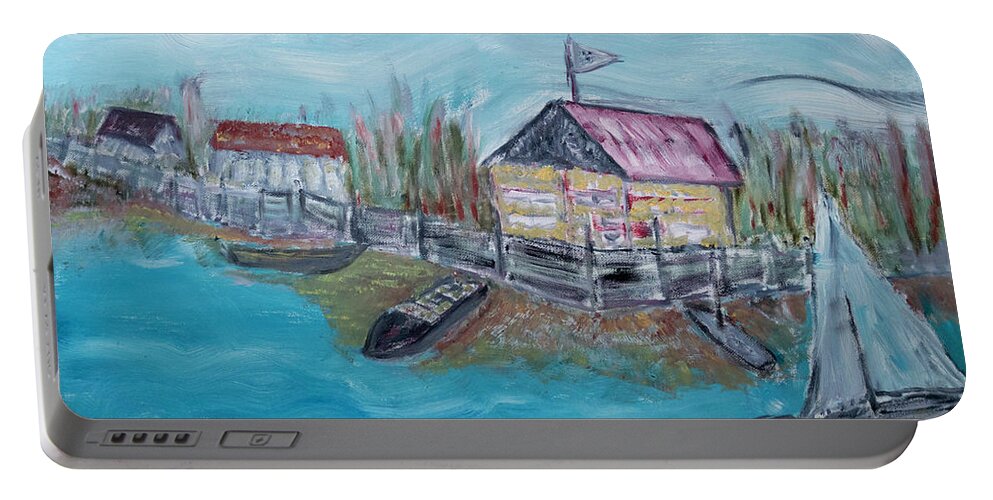  Portable Battery Charger featuring the painting Country Lake Village by David McCready