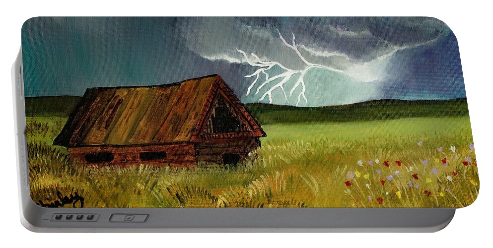 Storm Portable Battery Charger featuring the painting Country Lightning by Shirley Dutchkowski