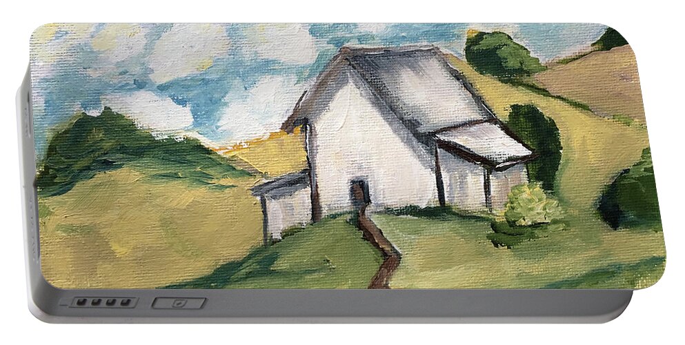Barn Portable Battery Charger featuring the painting Country White Barn by Roxy Rich