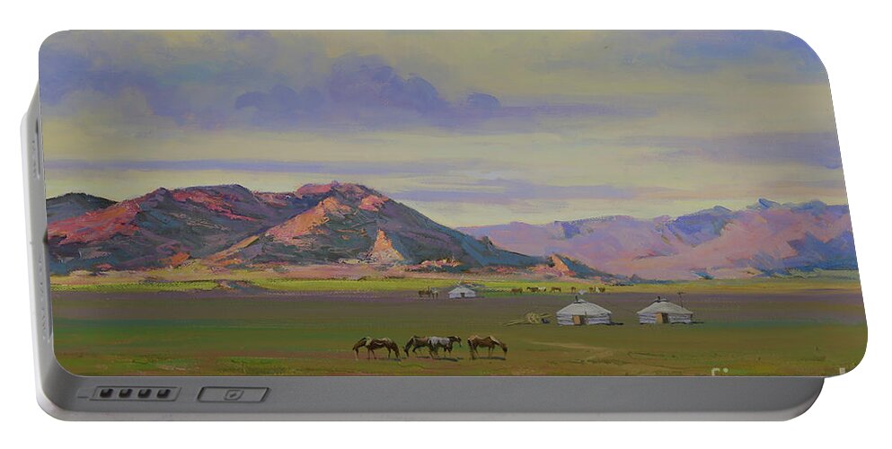 Countryside Portable Battery Charger featuring the painting Countryside of Mongolia by Badamjunai Tumendemberel