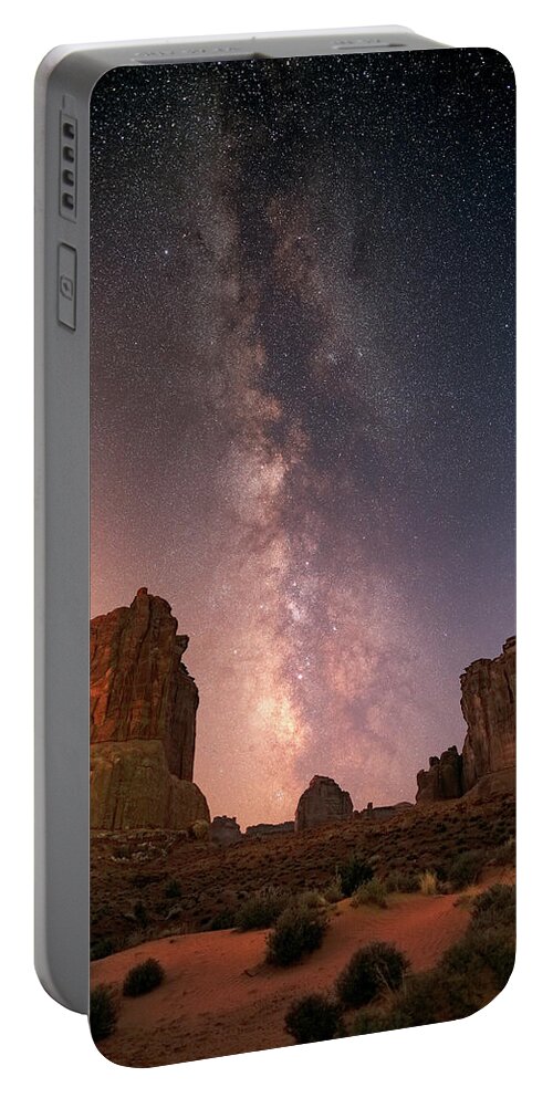 Night Portable Battery Charger featuring the photograph Courthouse Towers and the Milky Way by Dan Norris