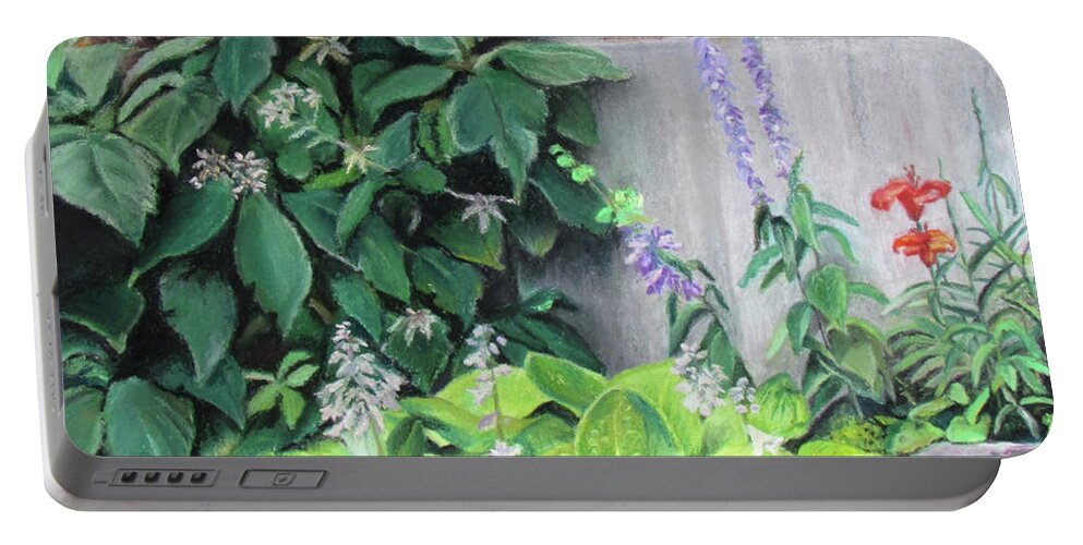 Garden Portable Battery Charger featuring the pastel Courtyard Garden by MaryJo Clark