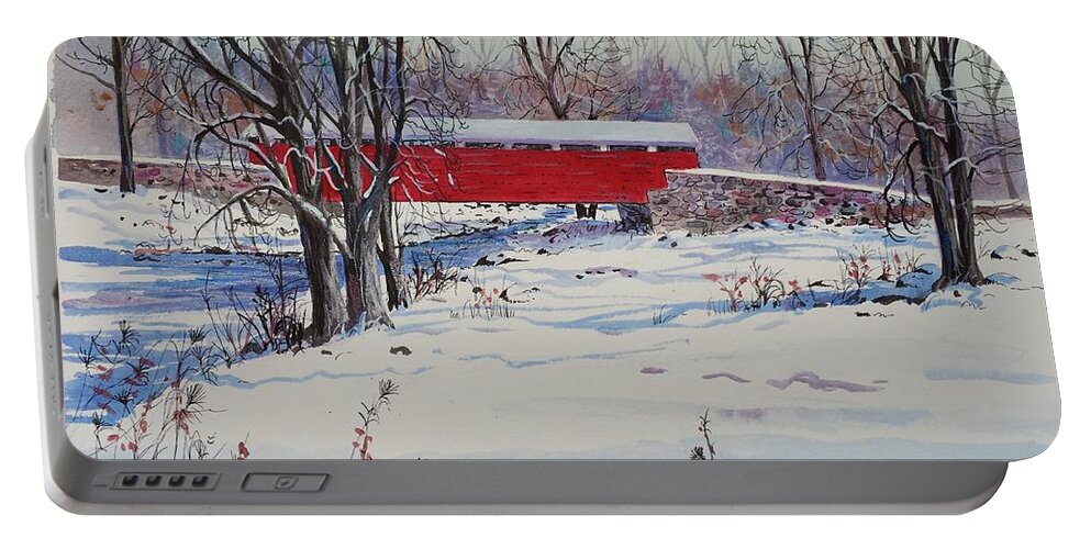 Winter Portable Battery Charger featuring the painting Covered Bridge Crossing by Diane Phalen