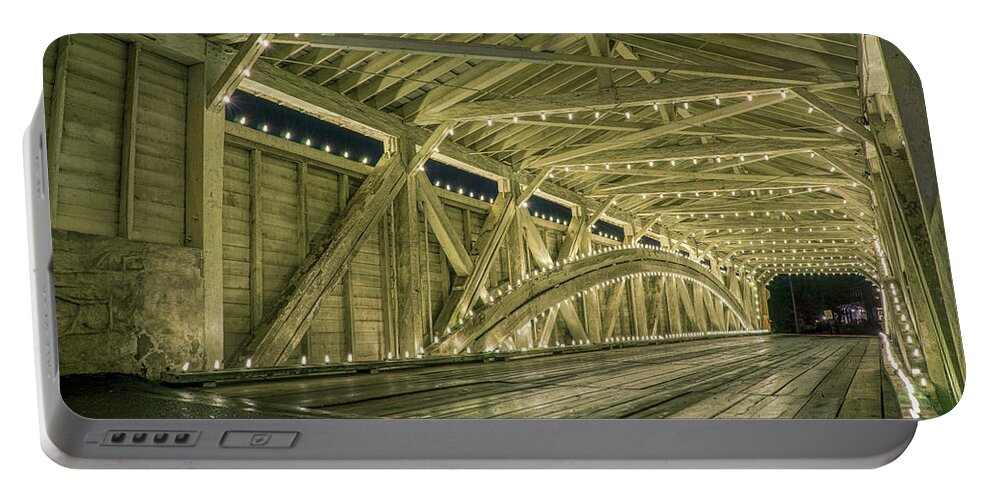 Covered Portable Battery Charger featuring the photograph Covered Bridge Interior - Holiday Lights by Jason Fink