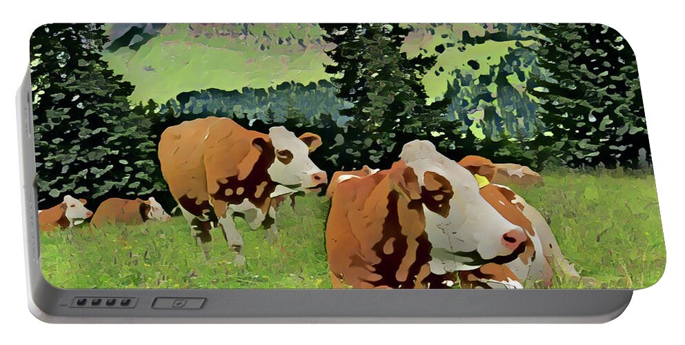 Cows Portable Battery Charger featuring the painting Cow Herd Resting in Grass by The James Roney Collection