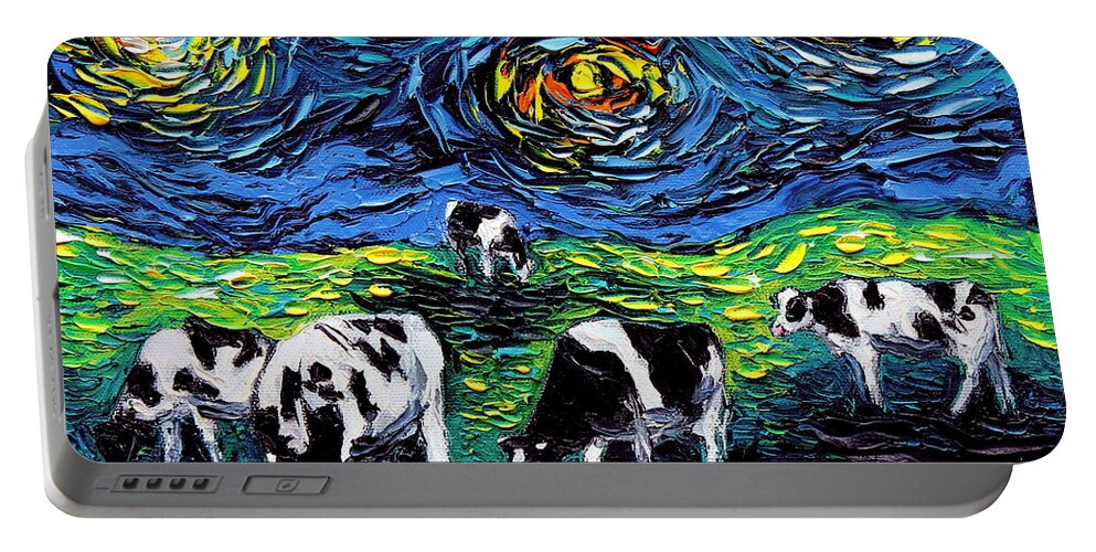 Cows Portable Battery Charger featuring the painting Cow Starry Night by Aja Trier