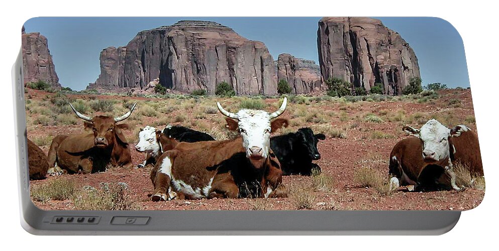 Monument Valley Portable Battery Charger featuring the photograph Cows in the Mittens by Louis Dallara