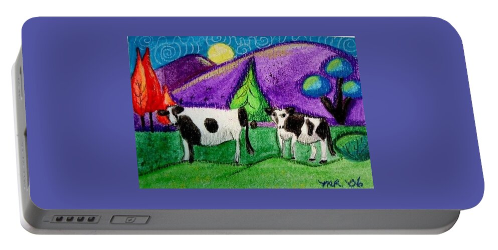 Whimsical Cow Painting Portable Battery Charger featuring the painting Cows Under The Moon by Monica Resinger