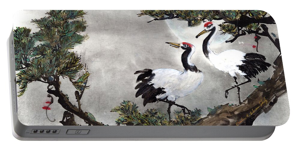 Crane Portable Battery Charger featuring the painting Cranes Resting on Pine by Charlene Fuhrman-Schulz