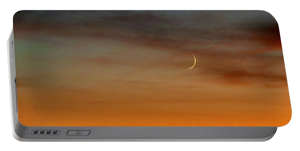 Moon Portable Battery Charger featuring the photograph Crescent Moon at Sunset by Sarah Lilja