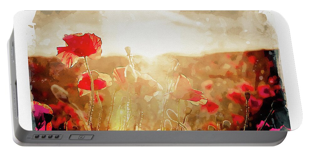 Poppy Sunset Portable Battery Charger featuring the digital art Crimson Fields by Airpower Art