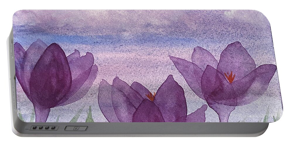 Crocuses Portable Battery Charger featuring the painting Crocuses and Clouds by Lisa Neuman
