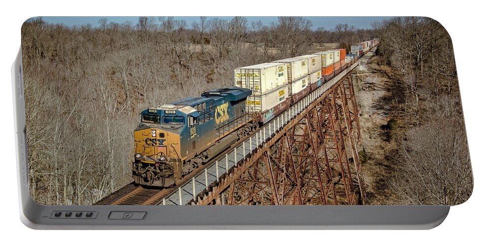 Railroad Portable Battery Charger featuring the photograph CSX hot intermodal rolls south across Gum Lick Trestle by Jim Pearson