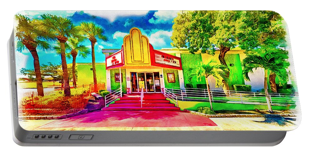 Theater Portable Battery Charger featuring the digital art Cultural Park Theater in Cape Coral - watercolor painting by Nicko Prints