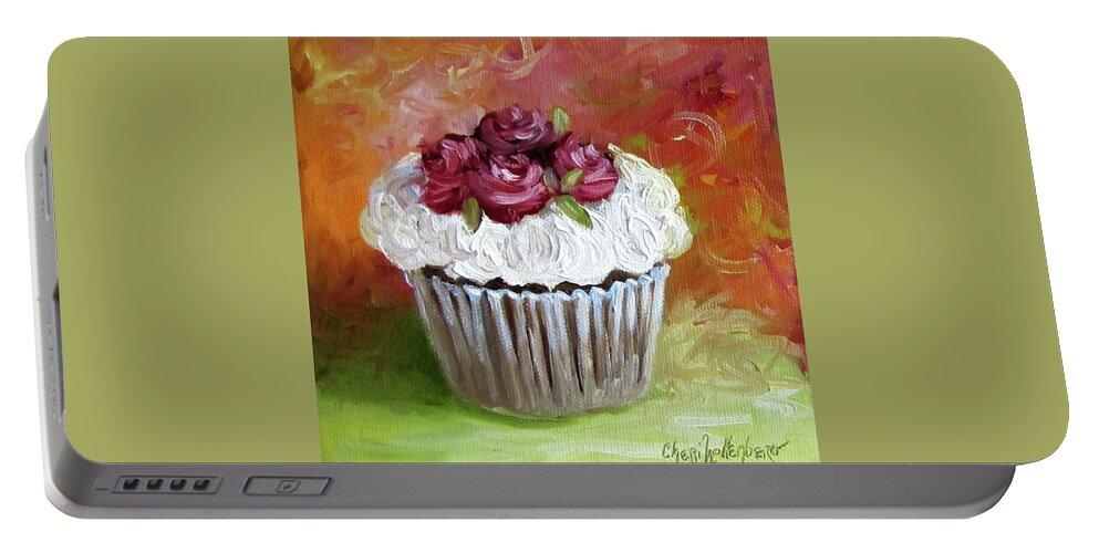 Cupcake Painting Portable Battery Charger featuring the painting Cupcake With Roses by Cheri Wollenberg