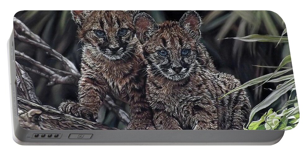 Animal Portable Battery Charger featuring the painting Curious Cubs by Linda Becker