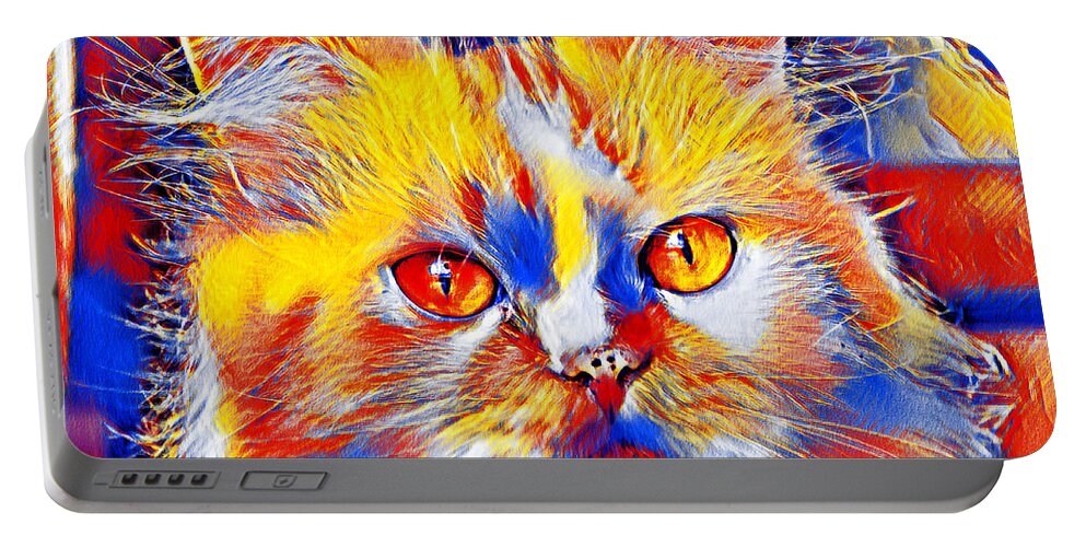 Persian Cat Portable Battery Charger featuring the digital art Cute colorful Persian cat in blue, red and yellow by Nicko Prints