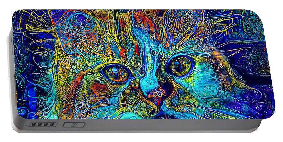 Persian Cat Portable Battery Charger featuring the digital art Cute Persian cat with blue and cyan colorful patterns by Nicko Prints