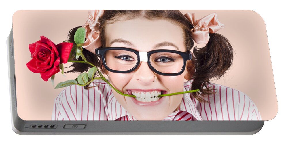 Funny Portable Battery Charger featuring the photograph Cute Smiling Woman Wearing Nerd Glasses With Rose by Jorgo Photography