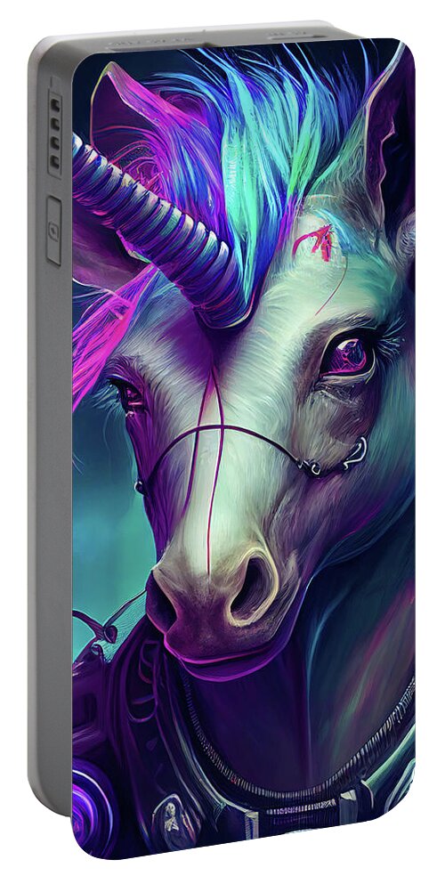 Unicorn Portable Battery Charger featuring the digital art Cyberpunk Unicorn Portrait 01 by Matthias Hauser