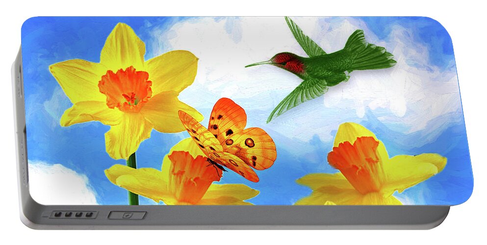 Daffodils Portable Battery Charger featuring the digital art Daffodil Garden Hummingbird by Doreen Erhardt