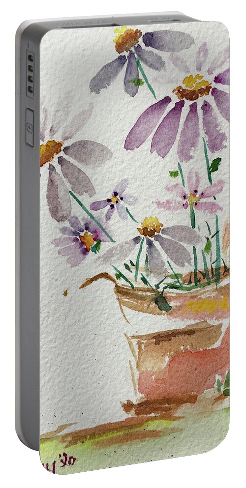 Daisy Portable Battery Charger featuring the painting Daisies in a Rusty Copper Pitcher by Roxy Rich